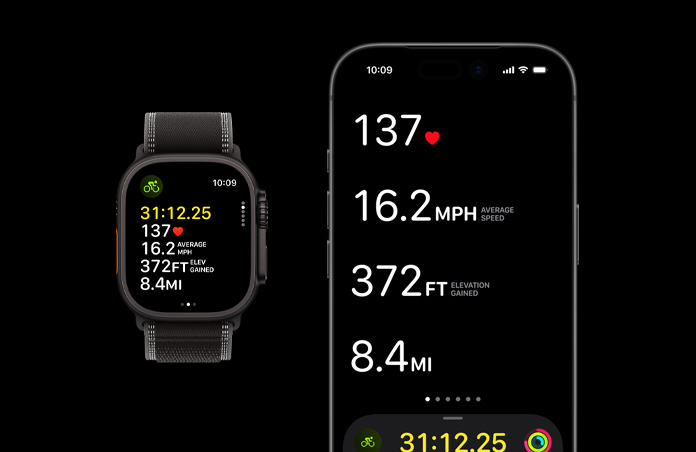 Apple Watch Ultra 3, boett i svart titan, terrängloop i svart/gråsvart, iPhone, mätvärden för aktivt träningspass visas på båda enheterna