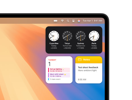 Olika widgetar på ett Mac-skrivbord, bland annat Klocka, Kalender, Anteckningar och Väder.
