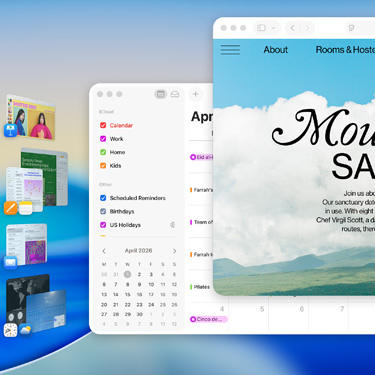 Pantalla con ventanas de apps como Keynote, Pages y Mail, además del sitio web de un spa.