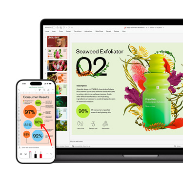 Vista frontal de un Mac y un iPhone con diferentes secciones de una misma presentación a todo color sobre un producto para el cuidado de la piel.