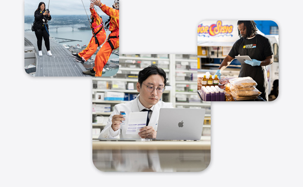 Imágenes de varios negocios que incluyen un farmacéutico con bata de laboratorio interactuando con un MacBook, una monitora de puenting sacando una foto con un iPhone a otras dos personas que están a punto de saltar, y un hombre sosteniendo un iPad mientras interactúa con alimentos.