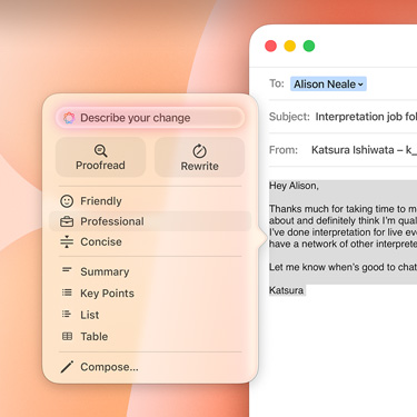 Un e-mail professionnel avec un prompt Apple Intelligence.
