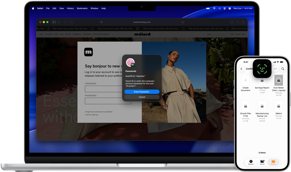 MacBook affichant une fenêtre Touch ID sur un fond d'écran macOS Tahoe avec, au-devant, un iPhone affichant un écran Face ID.
