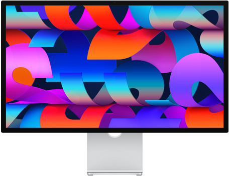 Parte da frente do Studio Display com papel de parede colorido semelhante a uma fita