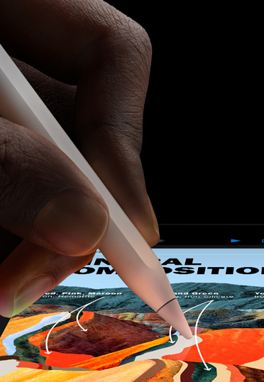 A close-up shot of an Apple Pencil in hand, drawing on iPad screen.