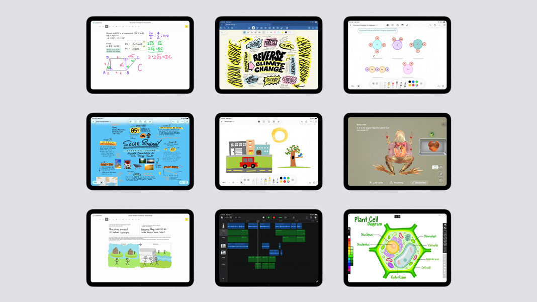 Una cuadrícula de 3 por 3 dispositivos iPad muestran diferentes contenidos educativos, como problemas matemáticos escritos a mano, un programa de estudios de energía solar, la anatomía de una rana, un calendario y la estructura de la célula de una planta.