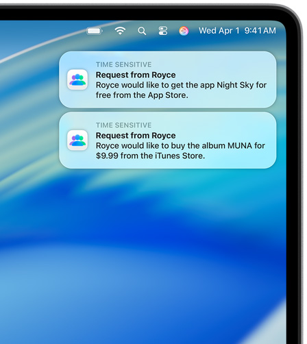 Deux notifications macOS sont affichées dans le coin supérieur droit d’un écran de Mac. Chacune montre des demandes d’achat, la première pour l’app Night Sky sur l’App Store, la seconde pour l’album MUNA sur l’iTunes Store