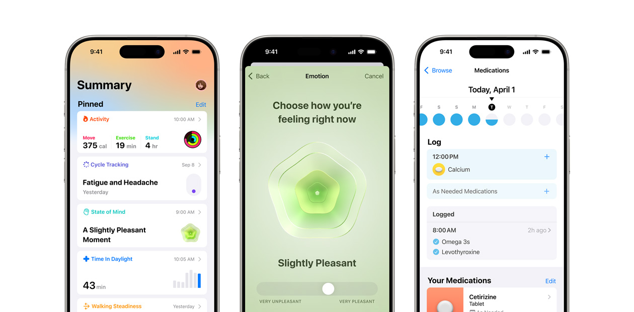 三部 iPhone 展示 Apple 健康 app。