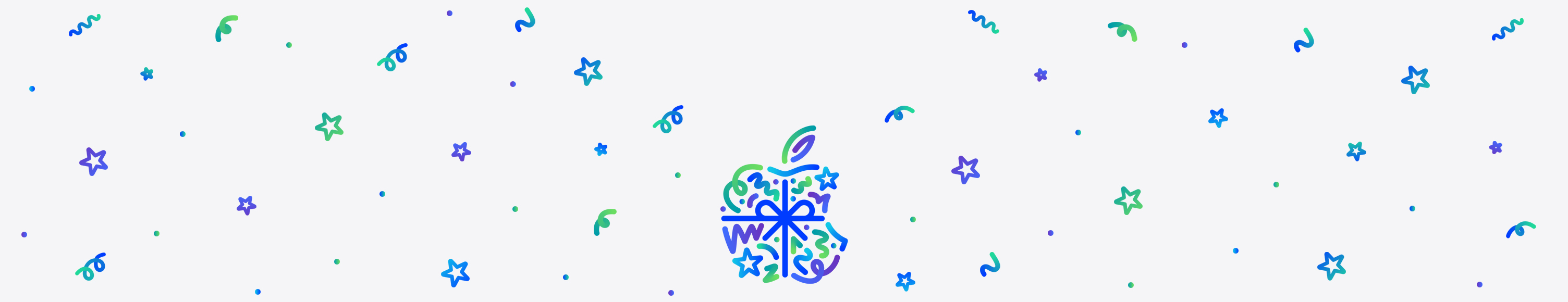 Points, ondulations, boucles et étoiles dans des tons bleu, vert et violet qui surgissent et se dispersent derrière un logo Apple, entouré d’un nœud bleu, formé de points, d’ondulations, de boucles et d’étoiles dans des tons bleu, vert et violet