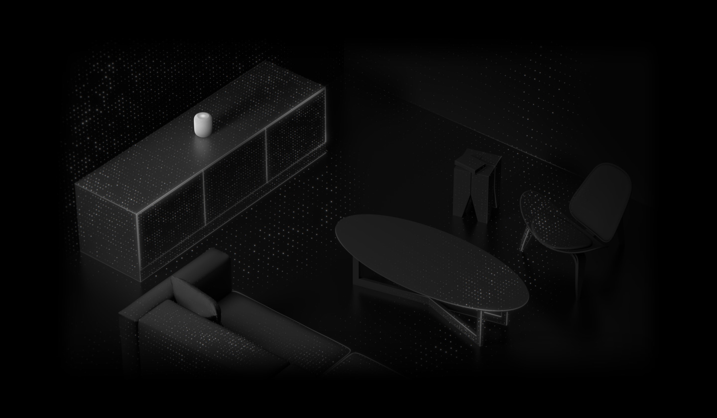 En visualisering av rumsavläsning. En HomePod står på en stereobänk i ett rum. Ljuspartiklar strålar ut från HomePod, sprids vidare utåt i vågor och lyser upp andra föremål i rummet – soffan, soffbordet, ett sidobord och en stol (animation)