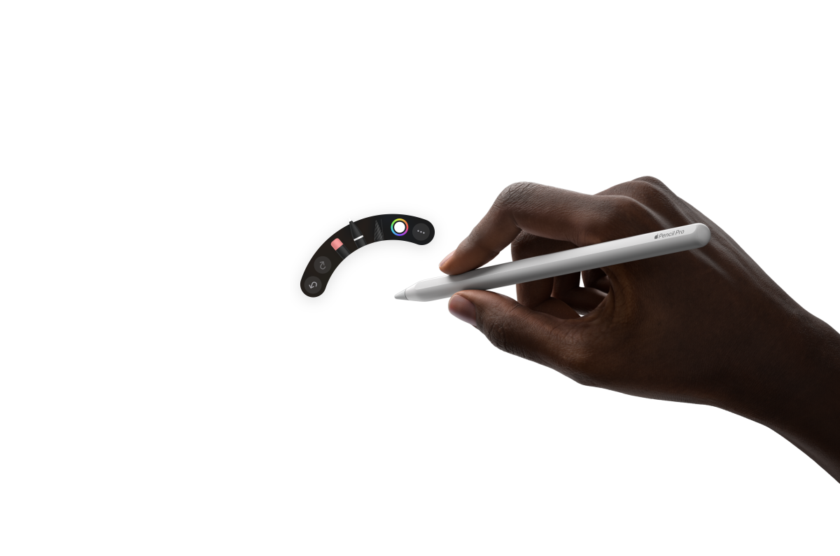 iPad Air, önden dış görünüm, Apple Pencil Pro tutan bir el Procreate uygulamasında çeşitli notların yazılı olduğu bir illüstrasyon üzerinde çalışıyor