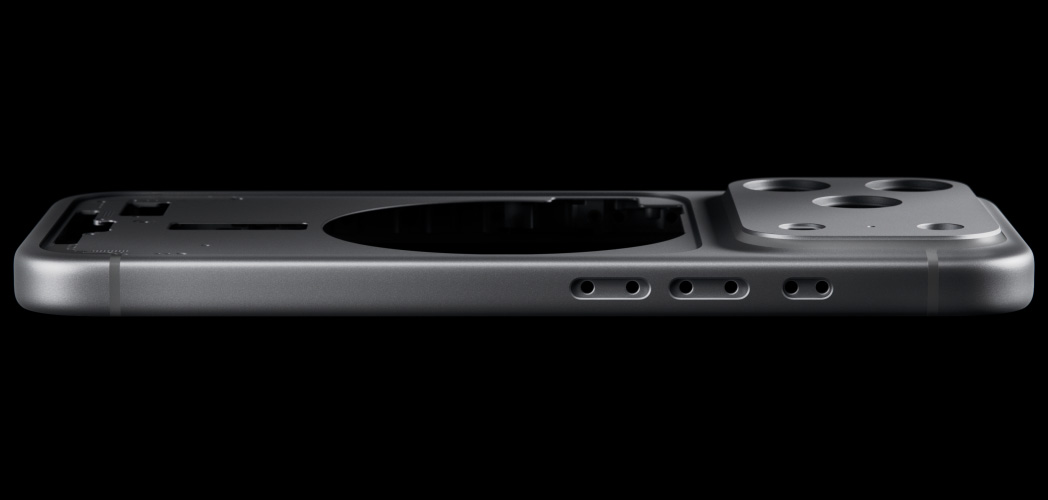 iPhone 17 Pro, sedd bakifrån, unibody-hölje i pressat aluminium