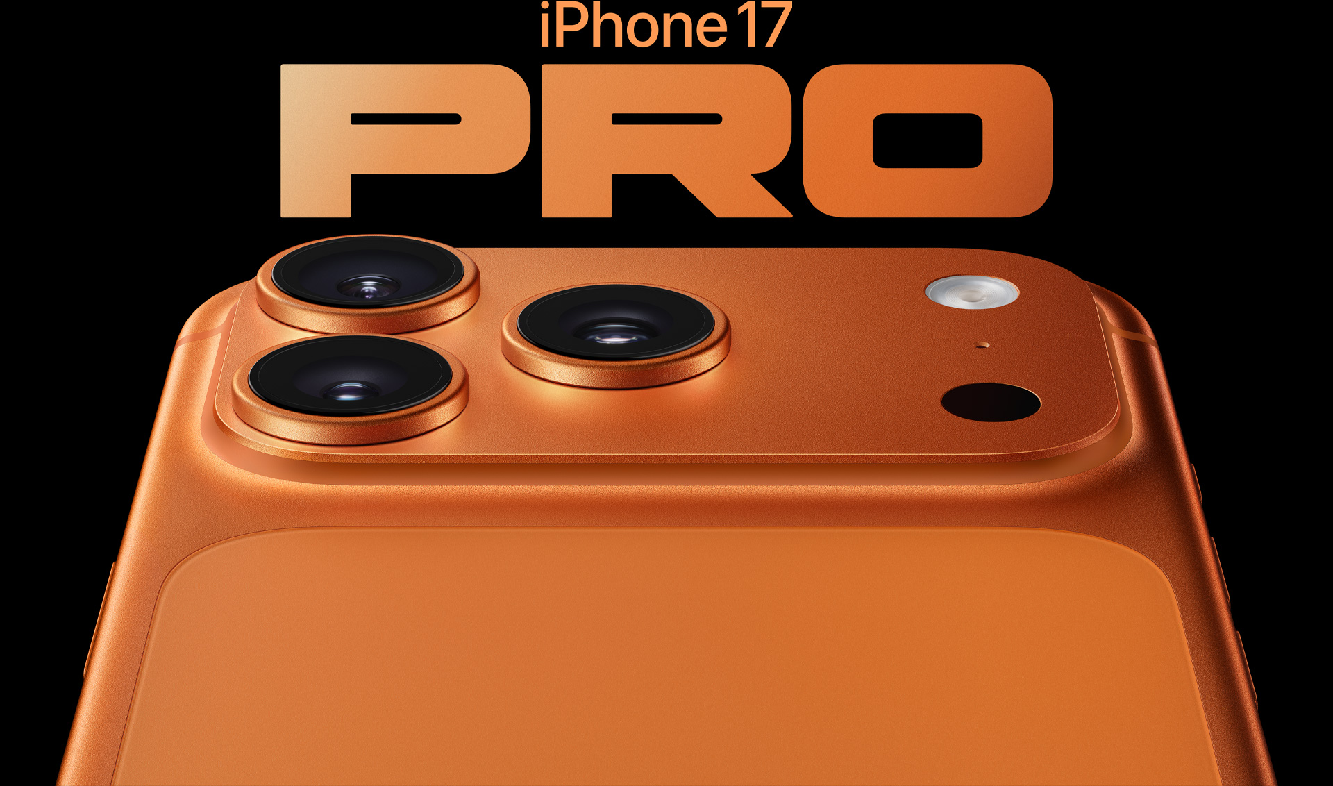 iPhone 17 Pro, kosmiskt orange, del av baksidan, proffskamerasystem högst upp till vänster, tre objektiv, mikrofon, blixt
