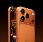 iPhone 17 Pro, kosmiskt orange, baksida, Fusion-proffskamerasystem i platån högst upp, kamerareglage, heltäckande skärm på framsidan, snabbknapp och volymknappar