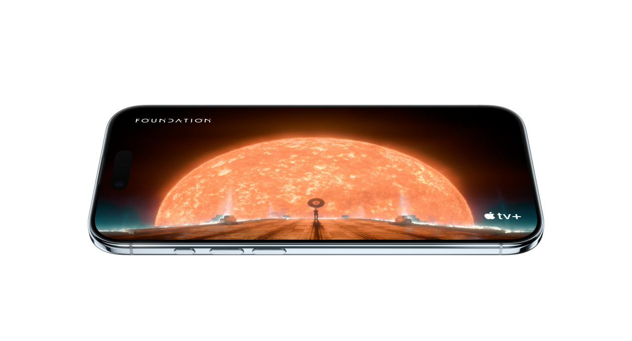 iPhone Air, face avant, côté, montrant une image statique de la série Apple TV+ Foundation