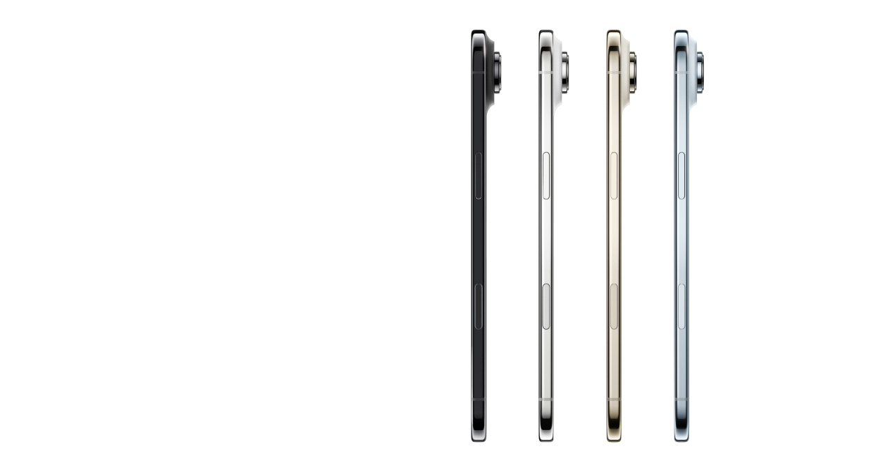 iPhone Air, sedd från sidan, alla fyra färger, himmelsblå, ljust guld, molnvit och rymdsvart, mycket tunn profil, Fusion-kamerasystem, knappar: sidoknapp, kamerareglage