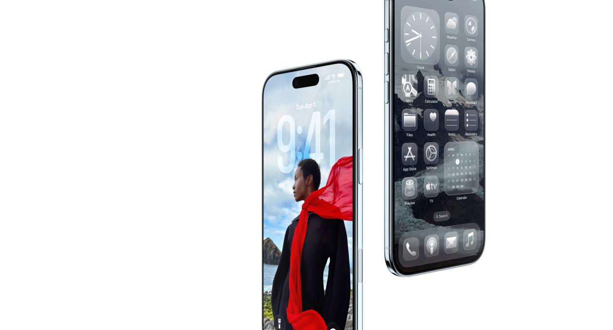 Två iPhone Air-enheter, sedda framifrån, sedda från sidan, tunn profil, dynamisk låsskärm, hemskärm med appar i Liquid Glass