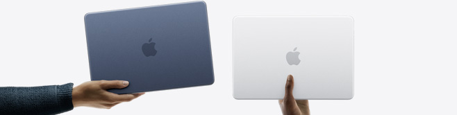 Bärbara MacBook Neo-datorer i fler färger, var och en hålls i olika personers ena hand