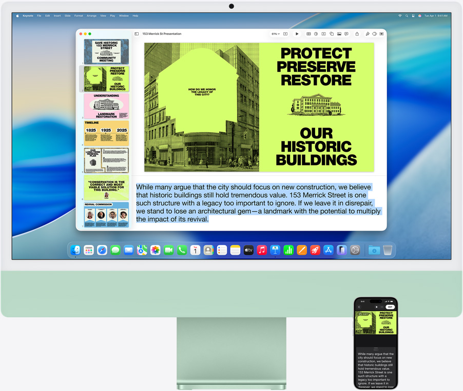 iMac 和 iPhone 16 Plus；iMac 展示已開啟 Keynote app，幻燈片和演講者筆記在 iPhone 上可見