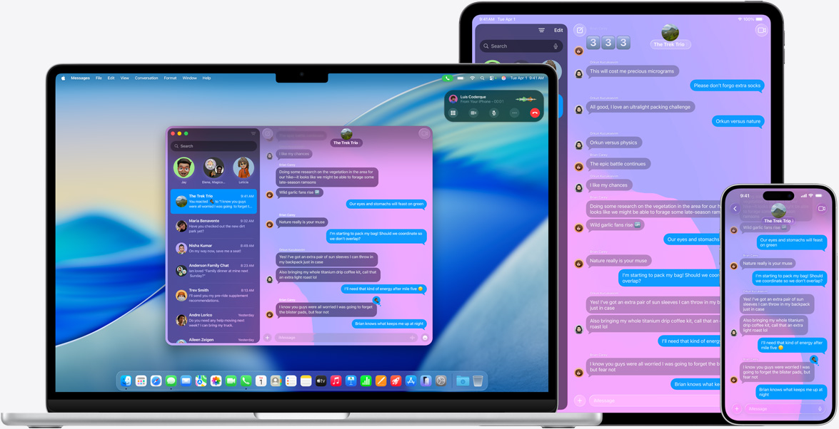 Apple 產品：15 吋 MacBook Air、13 吋 iPad Pro 和 iPhone 16 Plus，各裝置螢幕上顯示相同的 iMessage 對話