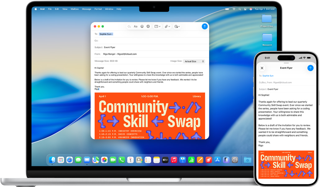 iPhone 16 Plus 和 13 吋 MacBook Air，兩部裝置上均已開啟郵件 app，並顯示相同的電郵草稿