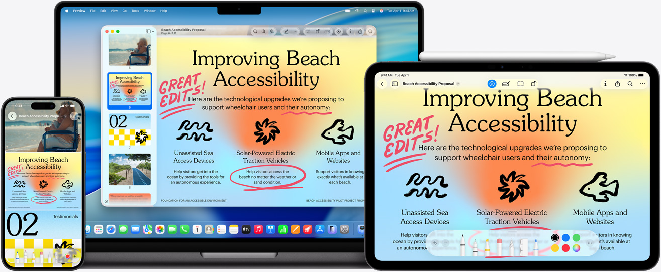 多部 Apple 裝置，各裝置的螢幕均顯示相同影像。iPad 上的影像使用了 Apple Pencil 來標記，而所做的標記同時在其他裝置上顯示