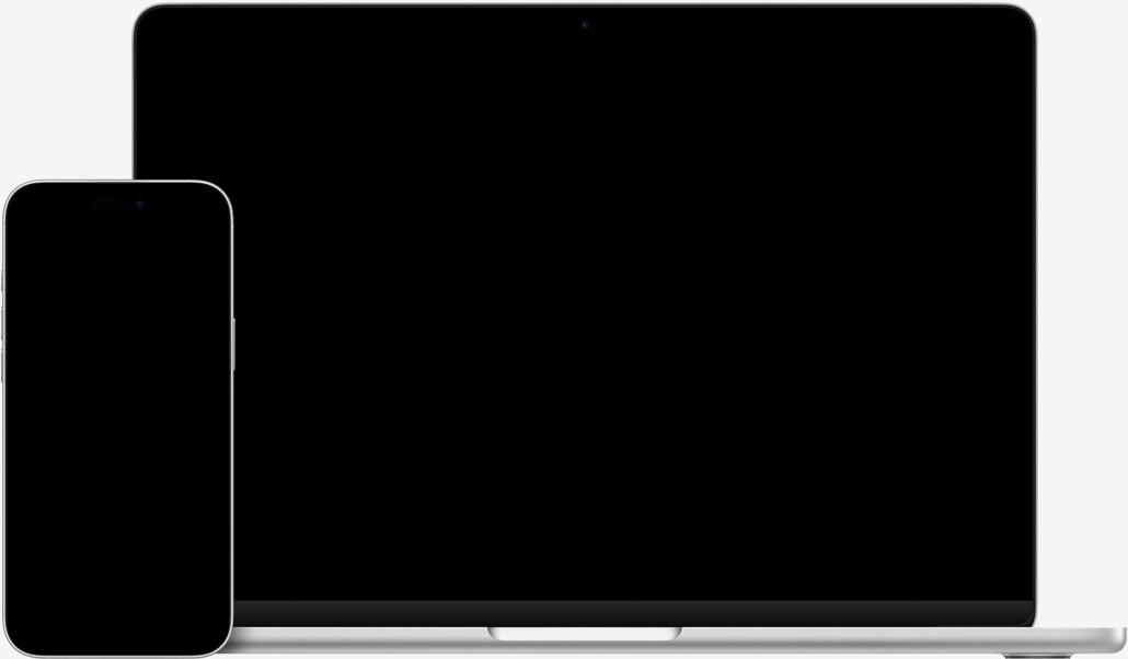 Un iPhone 16 Plus avec du texte surligné dans l’app Notes, un MacBook Air 13 pouces avec une diapo Keynote ouverte, le texte de l’app Notes est visible sur la diapo