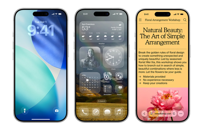iPhone-enheter sida vid sida som visar olika nya designelement i iOS, som låsskärmen med en klocka med halvgenomskinliga siffror i Liquid Glass och genomskinliga appikoner i Liquid Glass på hemskärmen