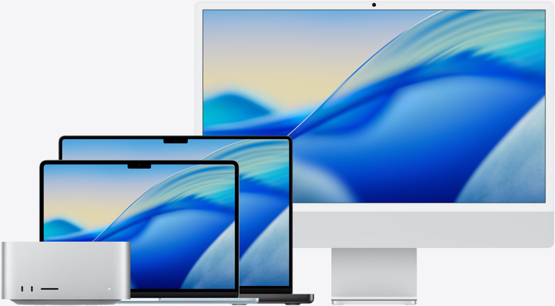 Bakgrunden i macOS Tahoe på olika Mac-modeller. Från vänster till höger: Mac Studio, 13-tums MacBook Air i himmelsblått, 14-tums MacBook Pro i rymdsvart och 24-tums iMac i silver