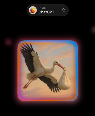 Playground-skärm med en fotorealistisk bild av en stork med ett knyte i näbben, skärmen visar olika alternativ för anpassade bildstilar från ChatGPT