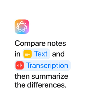 ”Compare notes in Text and Transcription then summarize”, med orden Text och Transcription markerade i blått så som de skulle visas i appen Genvägar
