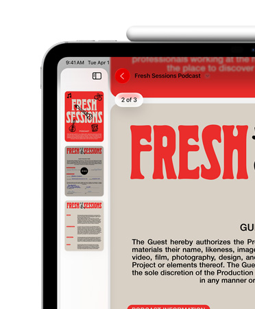 iPad i liggande läge med en Apple Pencil magnetiskt fäst vid ovansidan, en förhandsvisning av en pdf visas uppe till vänster på skärmen