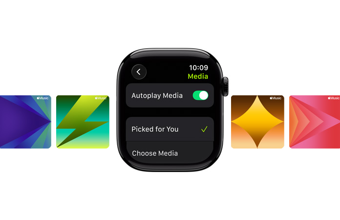 Apple Watch i gagatsvart utan armband i mitten med alternativen Utvalt för dig och Välj medier på urtavlan och Apple Music-bakgrunder bakom