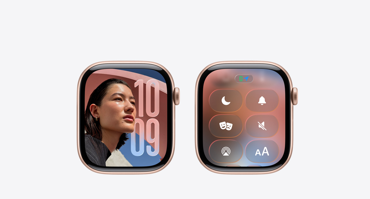 Apple Watch i roséguld utan armband. Appen Klocka på urtavlan visar den nya Liquid Glass-designen i watchOS 26.
