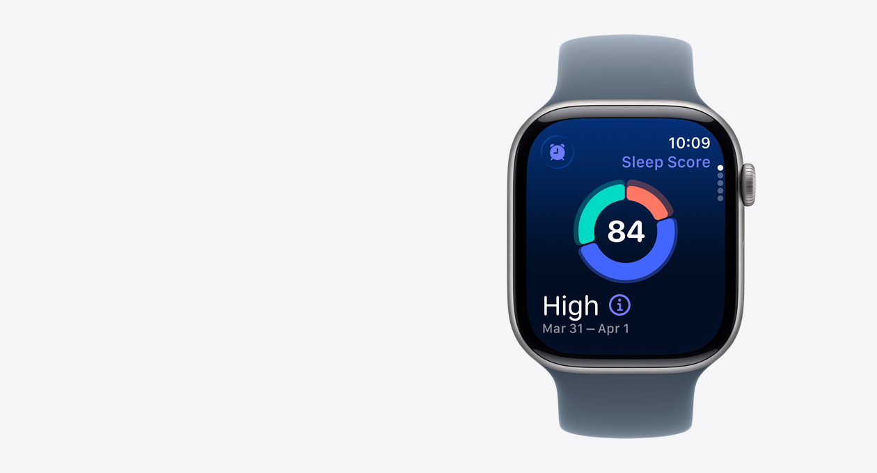 Apple Watch Series 11, aluminiumboett i rymdgrått, på skärmen visas sömnpoäng