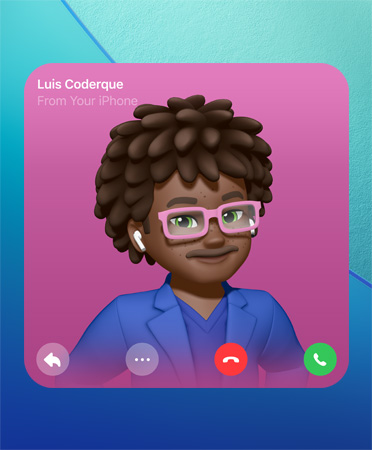 Affisch från FaceTime med en Genmoji i mitten, personens namn uppe till vänster och ikonerna för svara, fler alternativ, lägg på och svara på samtalet längst ner