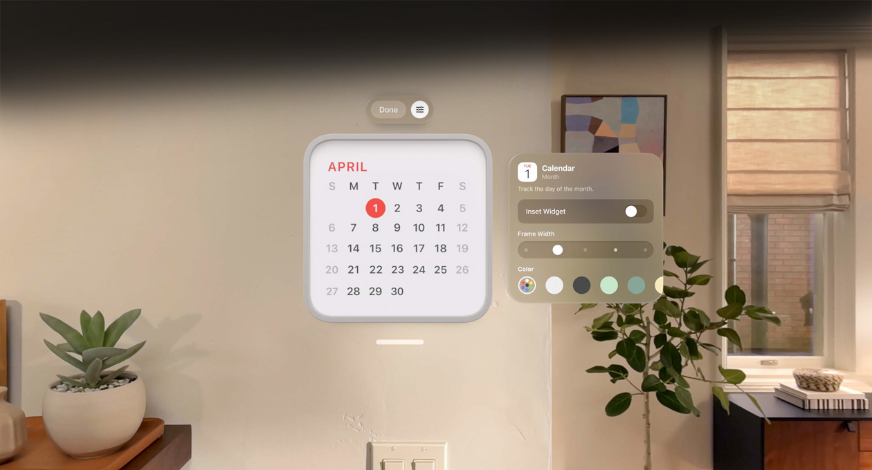 牆上飄浮著顯示 4 月 1 日的日曆小工具，上方是提醒事項小工具，而右方則是用於變更邊框粗幼度和顏色的個人化選項