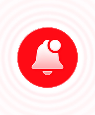 صورة لأيقونة جرس وردي باهت داخل دائرة حمراء، مع حلقات وردية فاتحة حولها توضح مستويات الضوضاء المختلفة