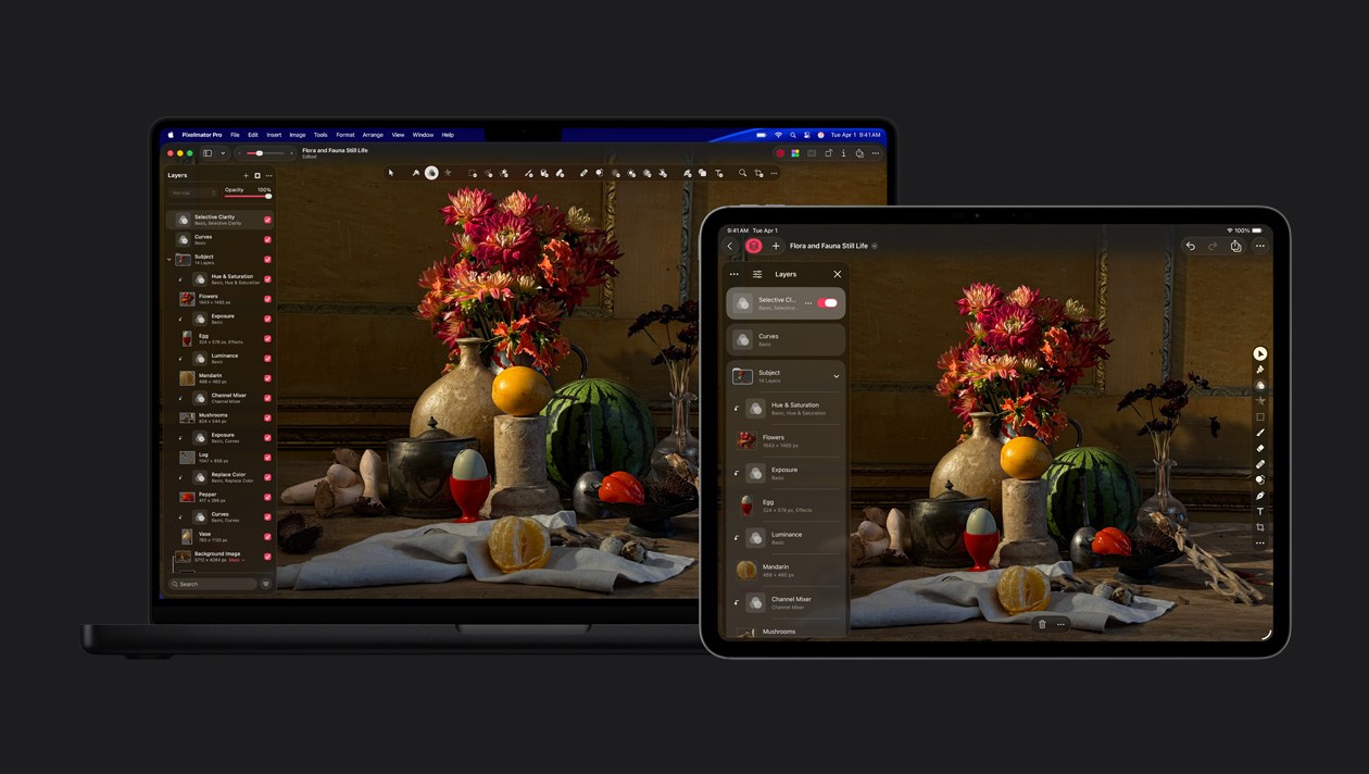Écrans de MacBook Pro 16 et d’iPad Pro 13, Pixelmator Pro, nature morte représentant la flore et la faune, boîte à outils de calques sur la gauche