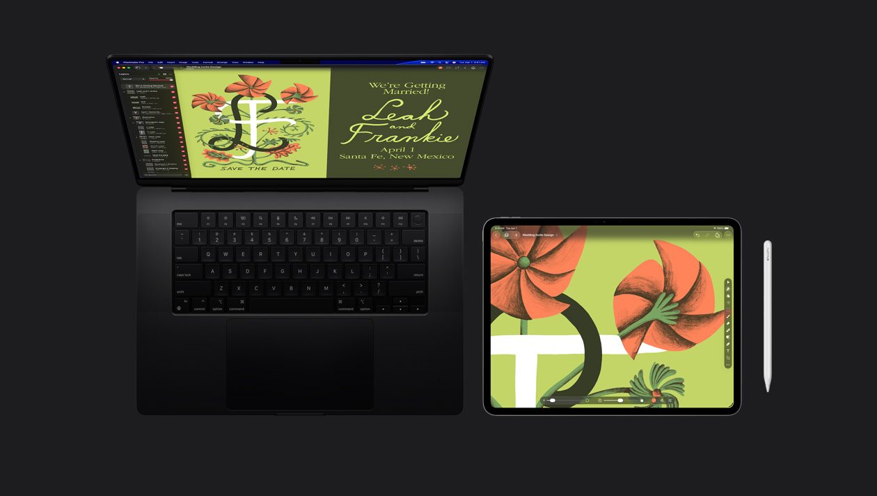 Écran de MacBook Pro 16 affichant une illustration d’un faire-part de mariage avec une fleur orange stylisée sur fond vert et les lettres L et F et l’inscription save the date, iPad Pro affichant une illustration d’une fleur orange stylisée sur fond vert et des barres d’outils, Apple Pencil posé à droite de l’iPad Pro