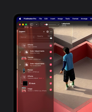 Écran de MacBook Pro 16, illustration photo d’un homme dans un labyrinthe tridimensionnel stylisé