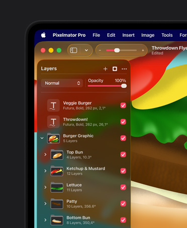 Écran de MacBook Pro 16, illustration colorée d’un hamburger, outils d’organisation de Pixelmator Pro