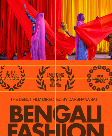 Affiche de film orange et noire pour un documentaire sur la mode bengalie avec des repères horizontaux et verticaux intelligents au centre de l’image
