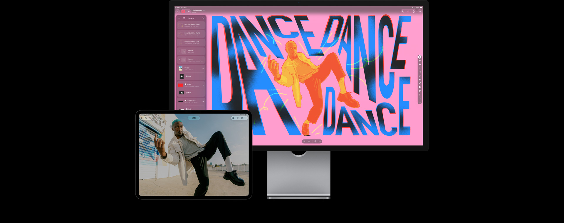 Écran d’iPad Pro montrant un homme aux cheveux bleus, portant une veste blanche, une chemise grise, un pantalon et des chaussures noirs, en train de danser dehors, écran Mac Studio Display montrant un espace de travail avec une typographie stylisée colorée, image modifiée de l’homme dansant superposée en bleu, jaune et rouge