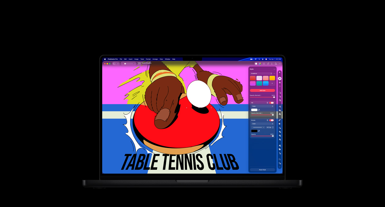 Écran de MacBook Pro 16, affiche colorée pour un club de tennis de table, outils de retouche couleur