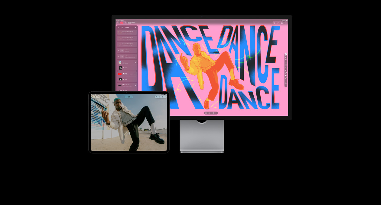 Écran d’iPad Pro 13, photo d’un homme en train de danser, écran d’iMac, même photo de l’homme mais retouchée pour ajouter de la couleur et du texte