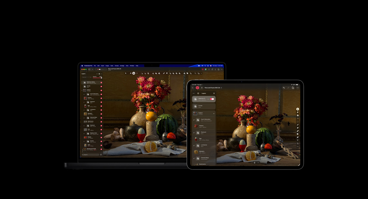 Écrans de MacBook Pro 16 et d’iPad Pro 13, Pixelmator Pro, nature morte représentant la flore et la faune, boîte à outils de calques sur la gauche