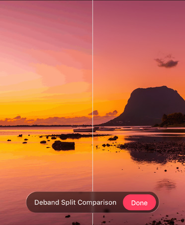 Photo d’un coucher de soleil sur une plage, le bas de l’image montre l’outil de suppression des bandes de couleur