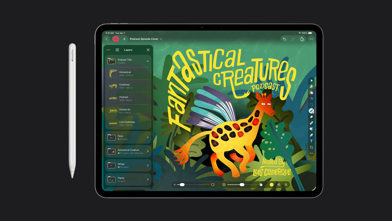 Un Apple Pencil avec un iPad Pro 13 pouces affichant une illustration pour un podcast sur les créatures fantastiques