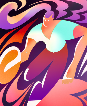 Illustration très stylisée et colorée d’une femme jouant au basket-ball